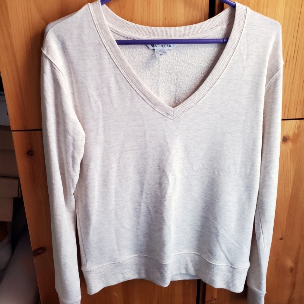 Athleta Women's Oatmeal Coloured Tencel V Neck French Terry Sweater XS